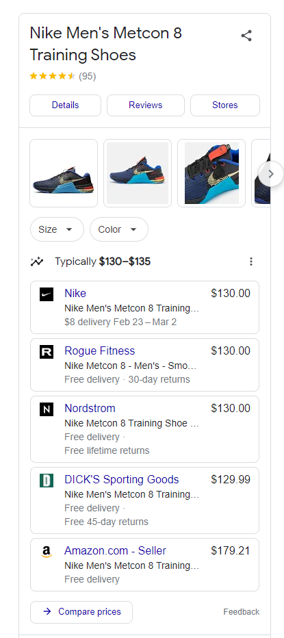 Right hand Shopping Knowledge Graph Panel showing Nike Shoes